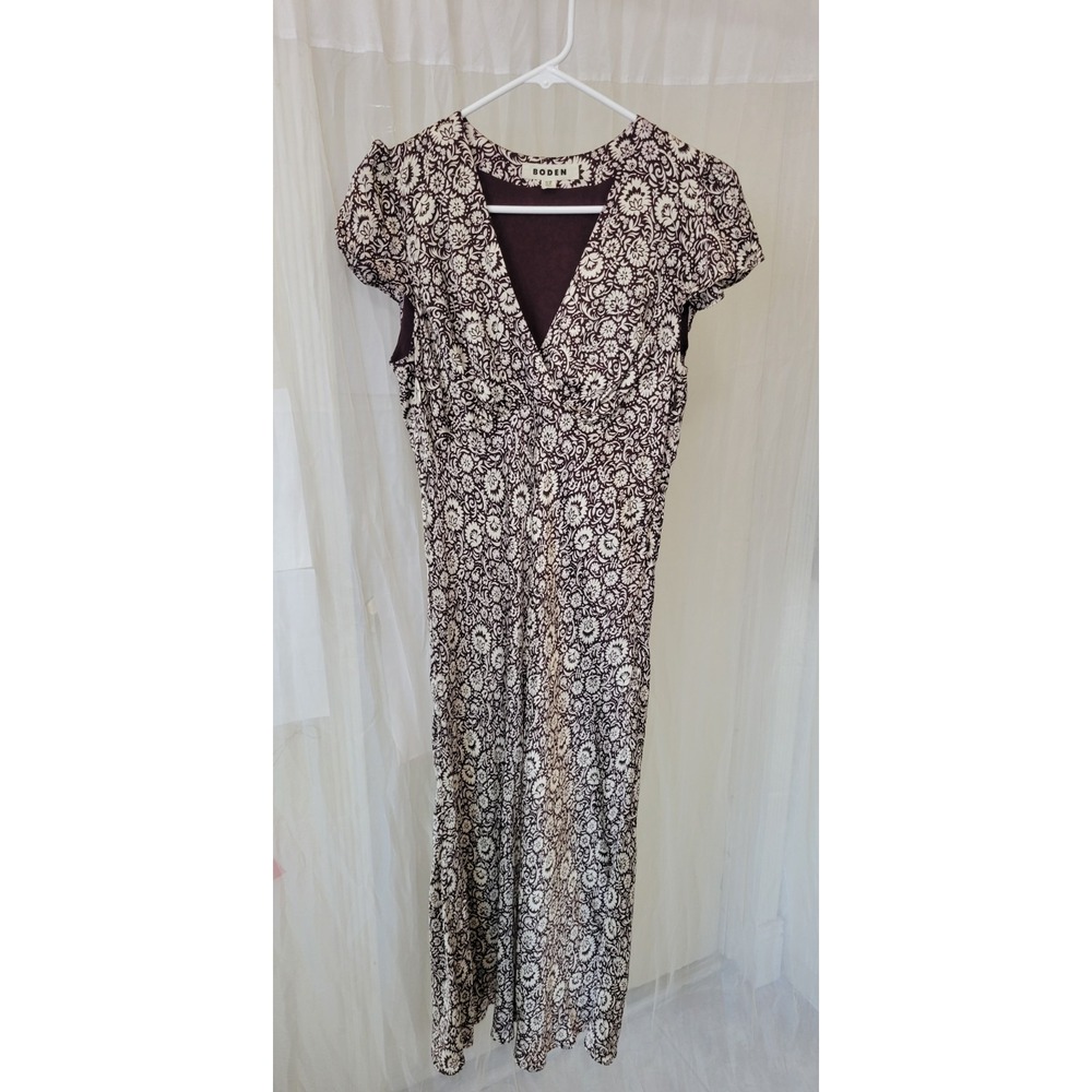 Boden Satin Empire Midi Tea Dress Size 8R Burgundy and Cream Floral